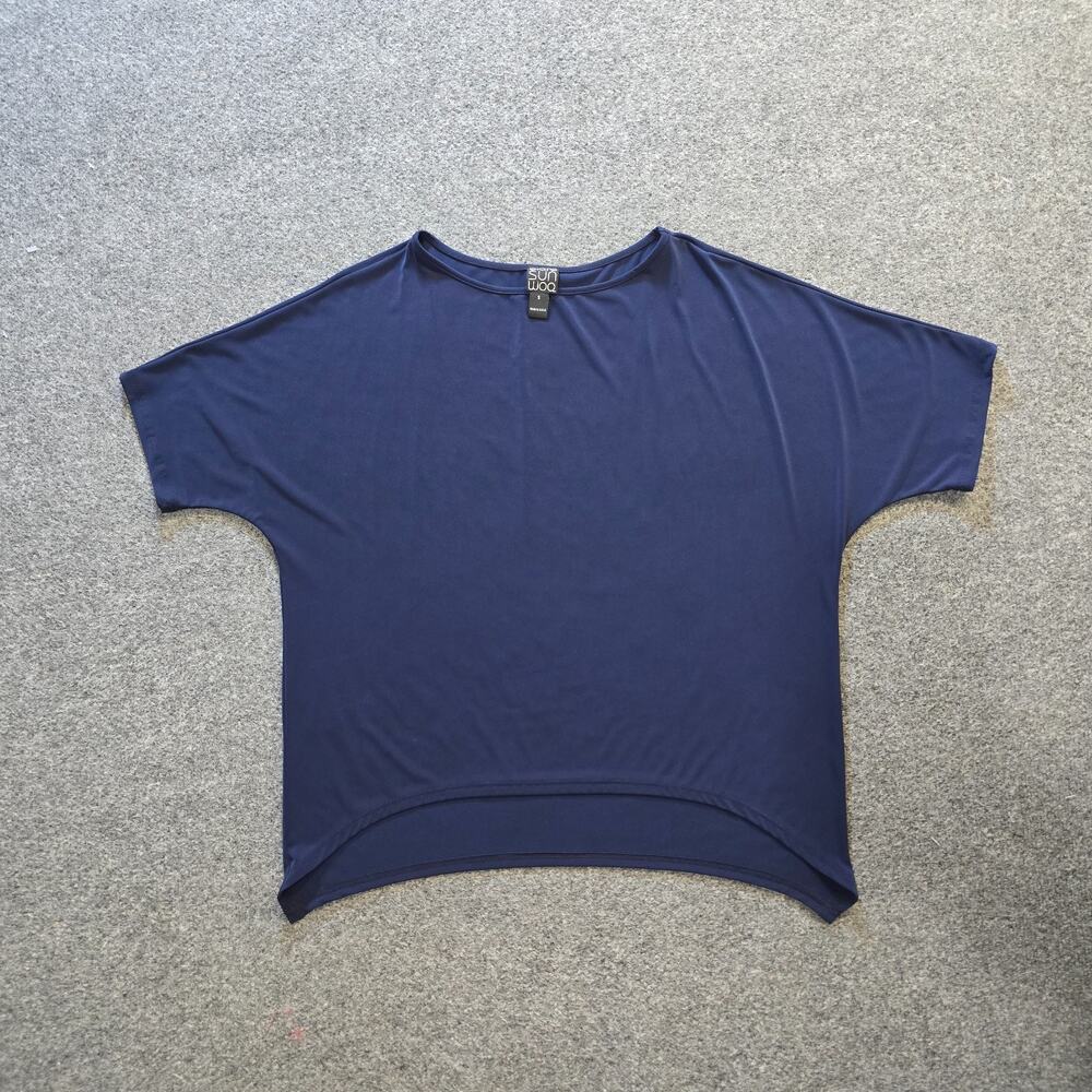 Clara Sun Woo Top Womens Size Small Blue Slinky Tunic No Iron Stretch Casual